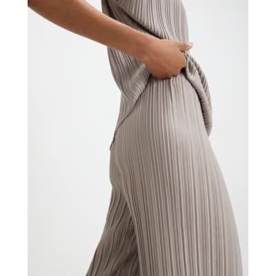 Grey Plisse Wide Leg Trousers