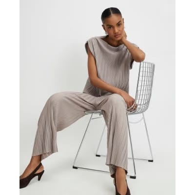Grey Plisse Wide Leg Trousers