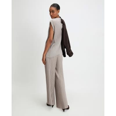 Grey Plisse Wide Leg Trousers