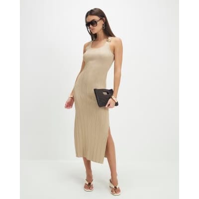 Gold Rib Knit Buckle Midi Dress