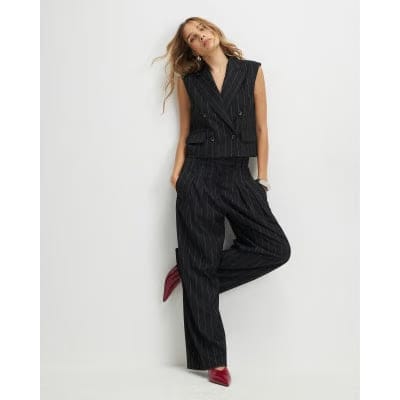 Black Boxy Fit Pinstripe Waistcoat