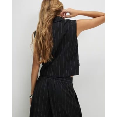 Black Boxy Fit Pinstripe Waistcoat