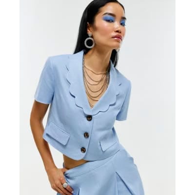 Blue Scallop Trim Linen Blend Cropped Jacket