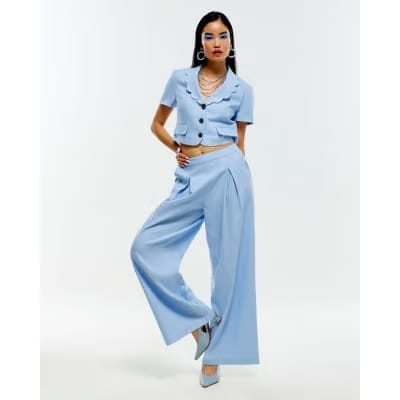 Blue Scallop Trim Linen Blend Cropped Jacket