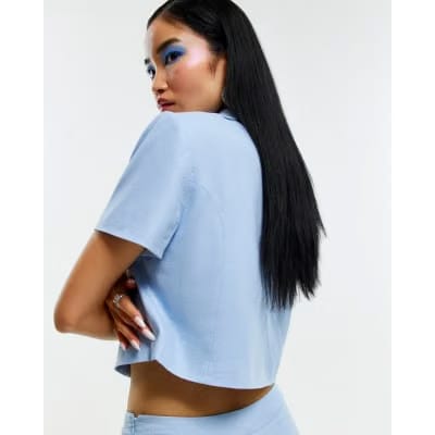 Blue Scallop Trim Linen Blend Cropped Jacket