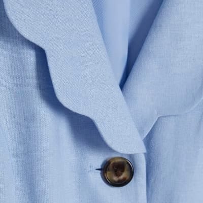 Blue Scallop Trim Linen Blend Cropped Jacket