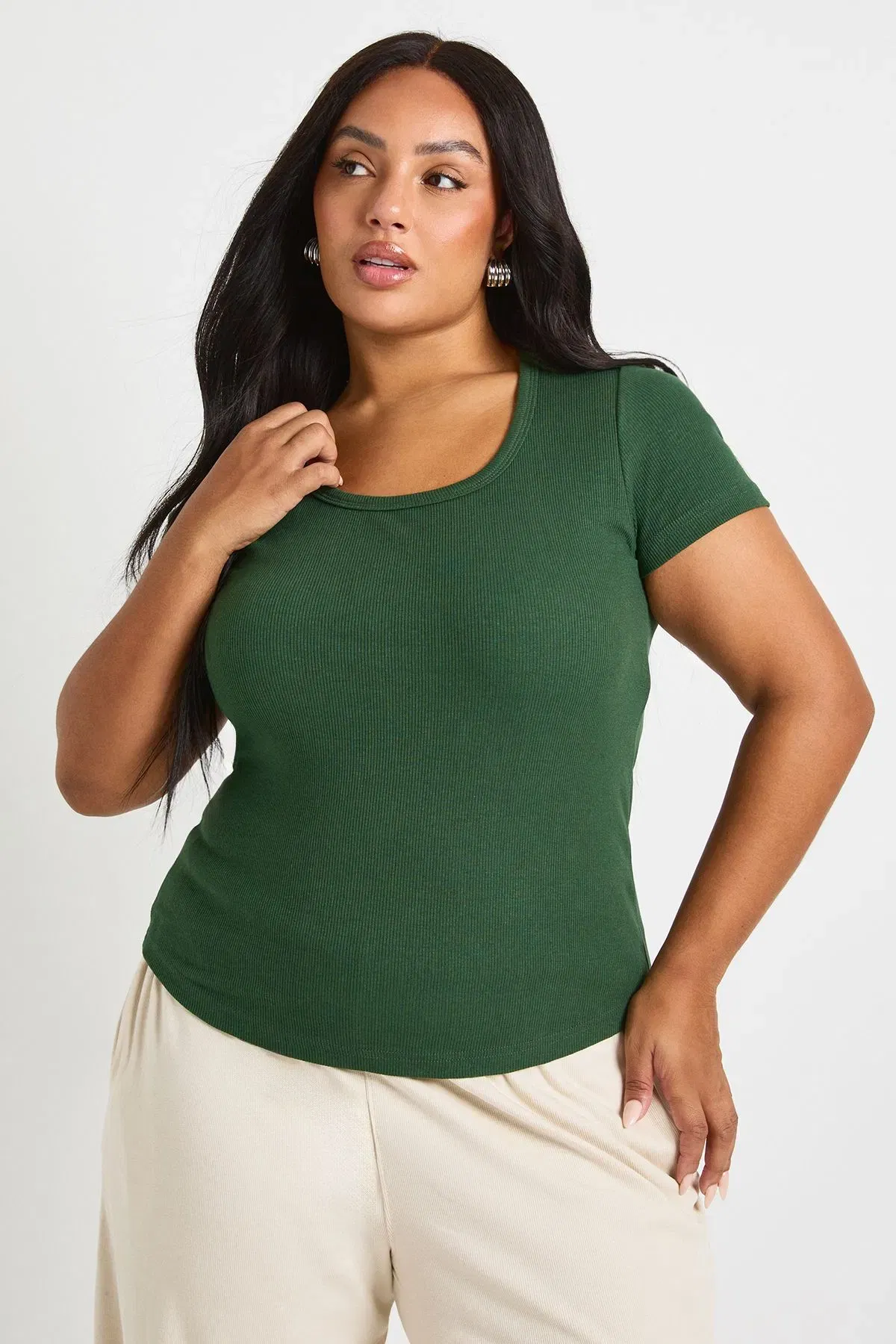 Plus Basic Rib Scoop Neck Fitted Short Sleeve Top
