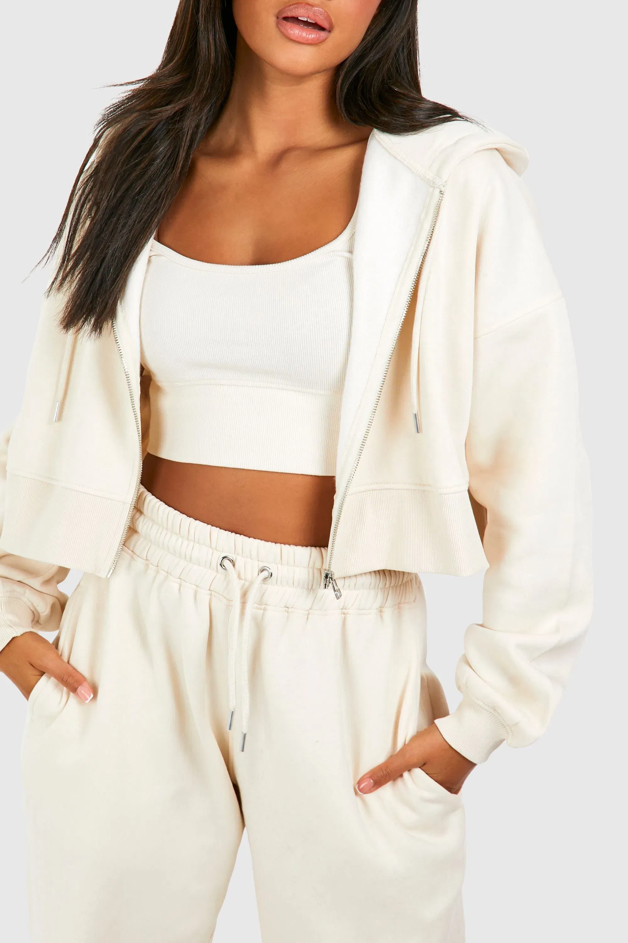 Deep Hem Crop Top 3 Piece Hooded Tracksuit