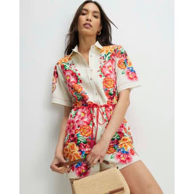 Cream Floral Collared Playsuit