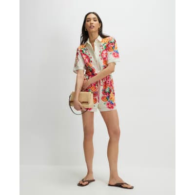 Cream Floral Collared Playsuit