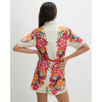 Cream Floral Collared Playsuit