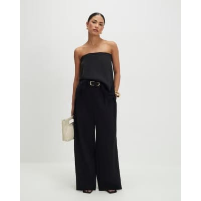 Petite Black Belted Wide Leg Trousers