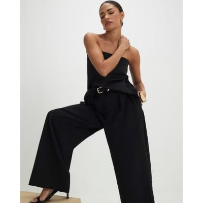 Petite Black Belted Wide Leg Trousers
