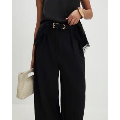 Petite Black Belted Wide Leg Trousers
