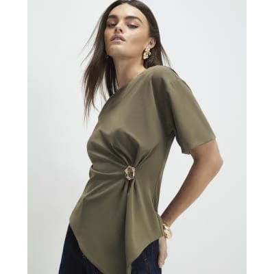 Khaki Short Sleeve Ruched Side Top