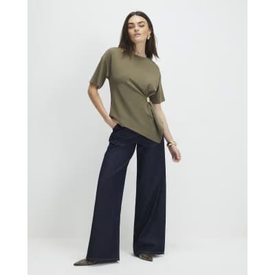 Khaki Short Sleeve Ruched Side Top