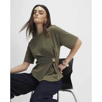 Khaki Short Sleeve Ruched Side Top