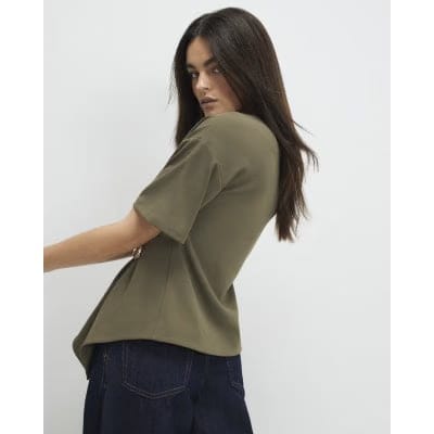 Khaki Short Sleeve Ruched Side Top