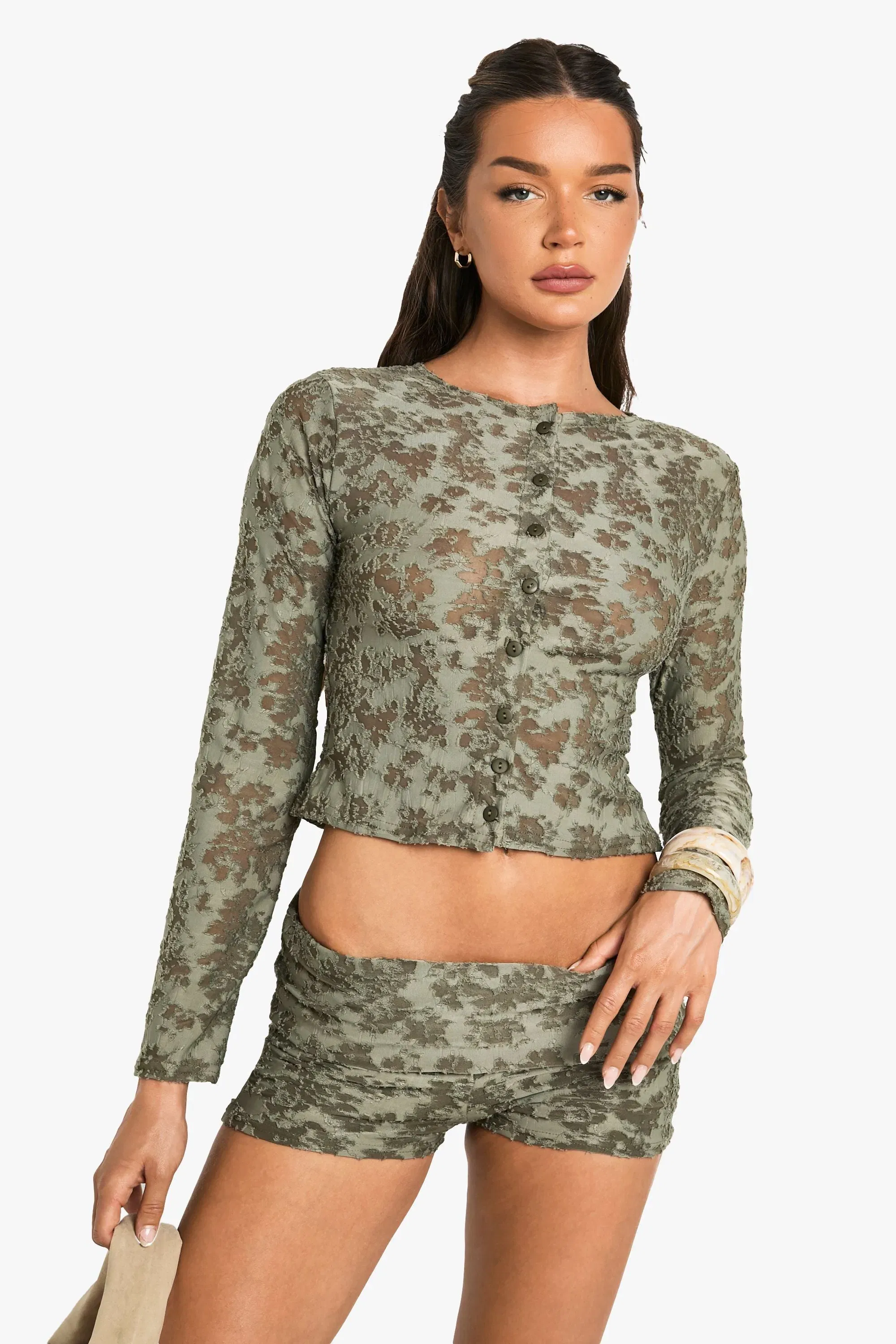 Floral Jacquard Button Through Long Sleeve Top