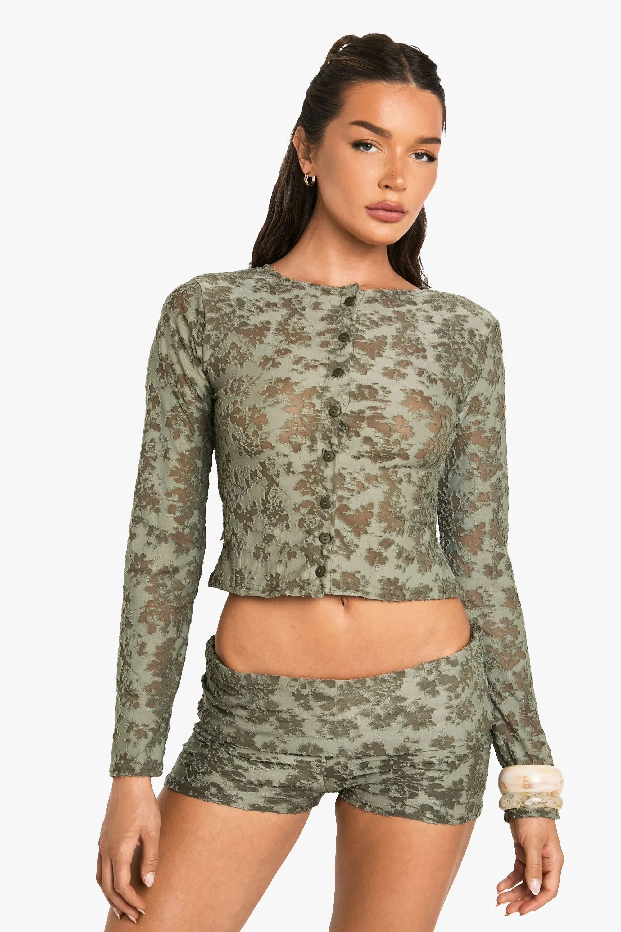 Floral Jacquard Button Through Long Sleeve Top