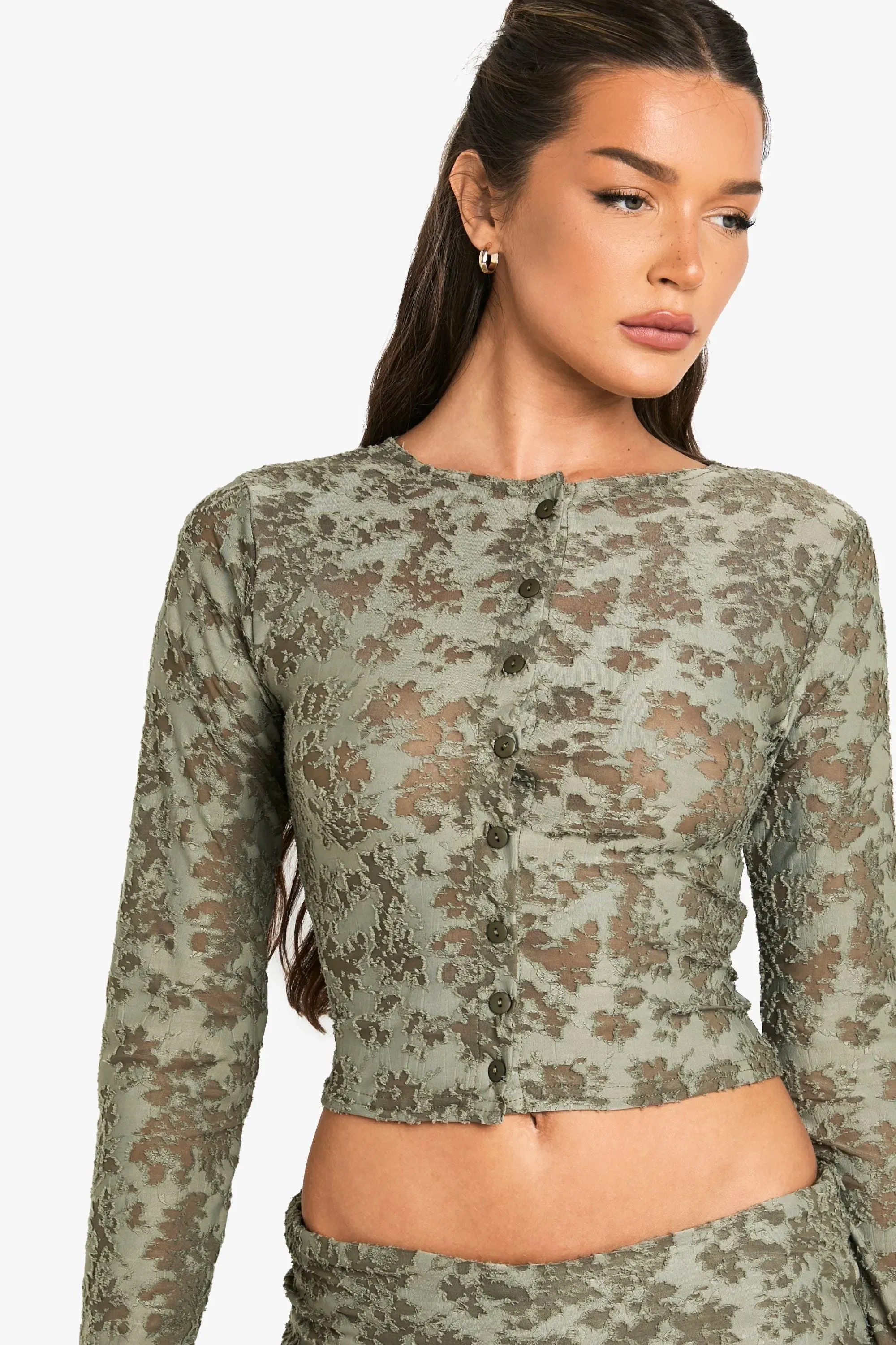Floral Jacquard Button Through Long Sleeve Top