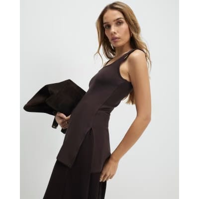 Brown Premium Sleeveless Square Neck Tank Top