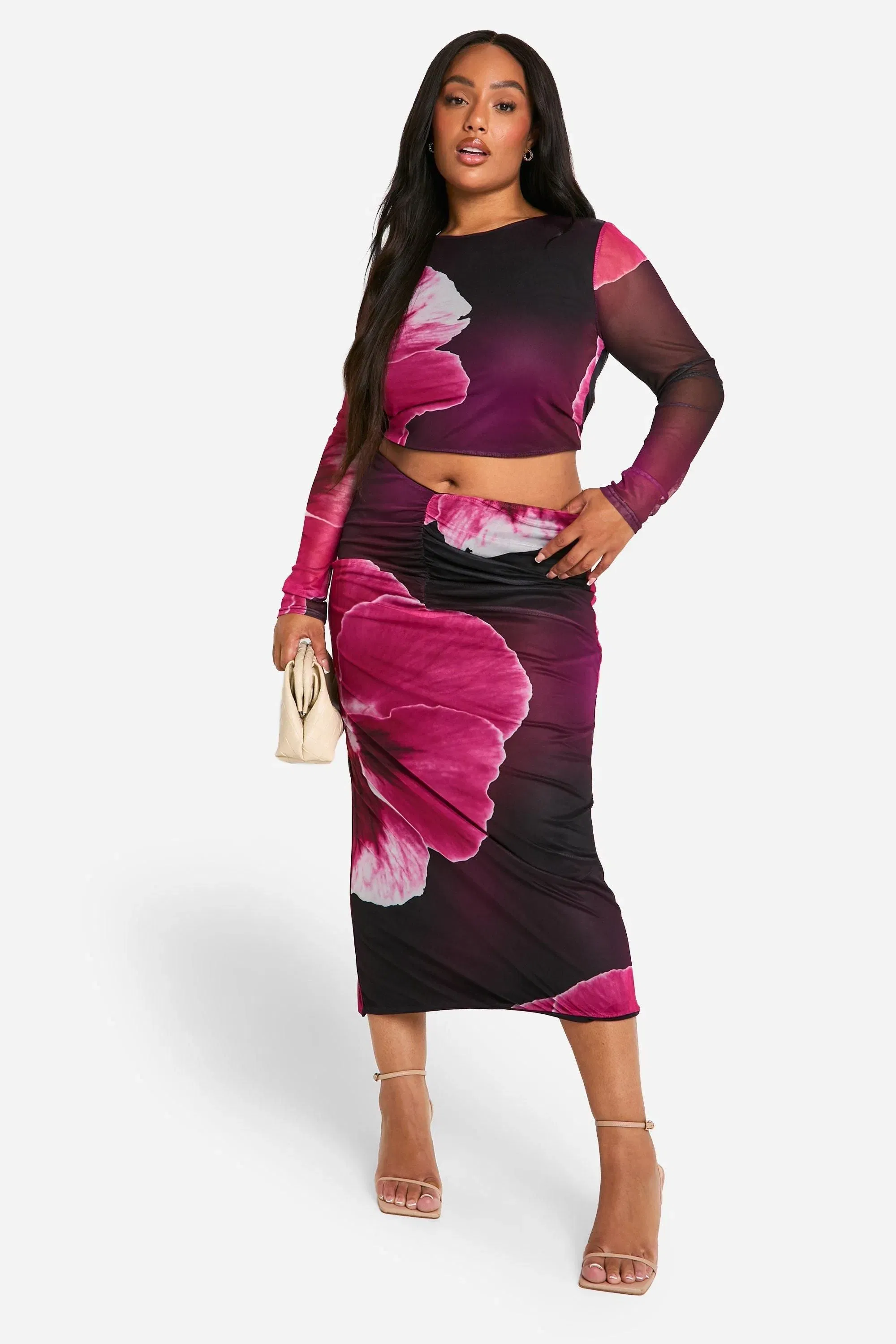 Plus Large Floral Mesh Low Back Tie Back Top