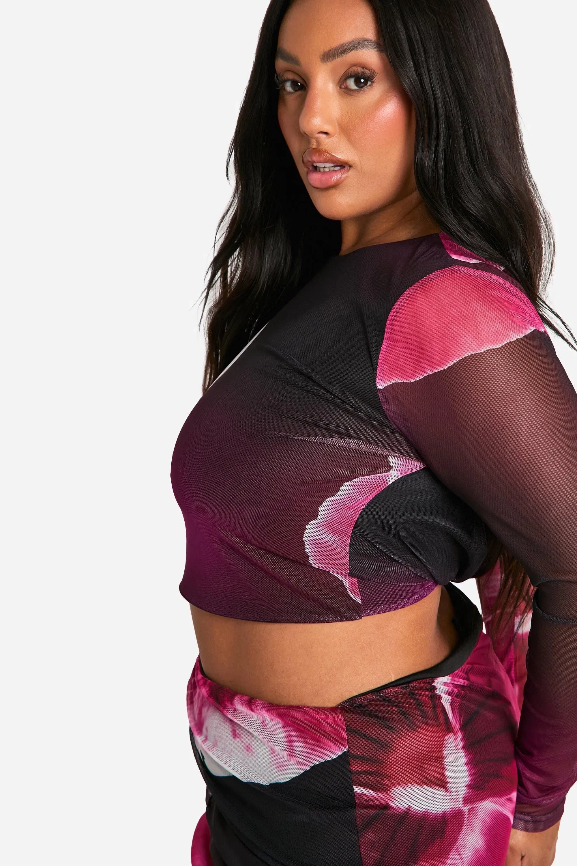 Plus Large Floral Mesh Low Back Tie Back Top