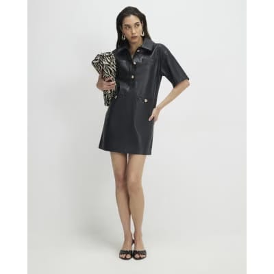 Black Faux Leather Pocket Detail Shirt Dress