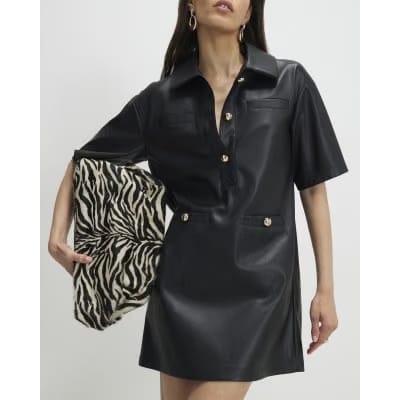 Black Faux Leather Pocket Detail Shirt Dress