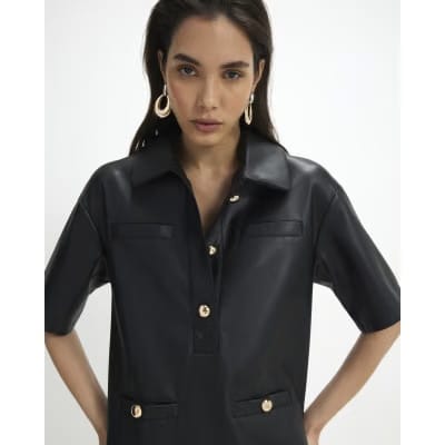Black Faux Leather Pocket Detail Shirt Dress