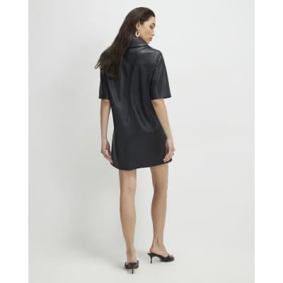 Black Faux Leather Pocket Detail Shirt Dress