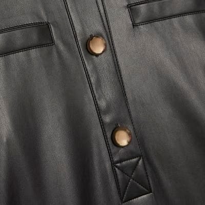 Black Faux Leather Pocket Detail Shirt Dress