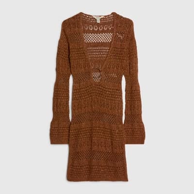 Petite Brown Metallic Knit Mini Beach Dress