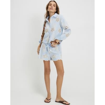 Blue Embroidered Crochet Shorts