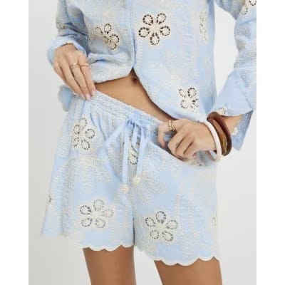 Blue Embroidered Crochet Shorts