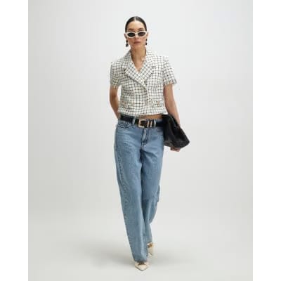 Cream Boucle Checked Short Sleeve Jacket