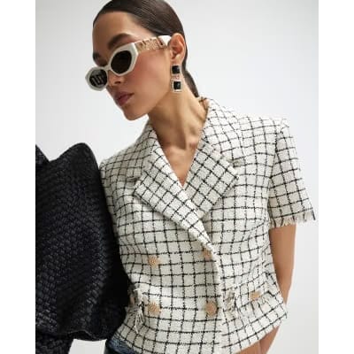 Cream Boucle Checked Short Sleeve Jacket