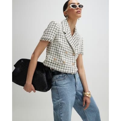 Cream Boucle Checked Short Sleeve Jacket