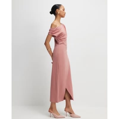 Pink Stretch Draped Midi Dress