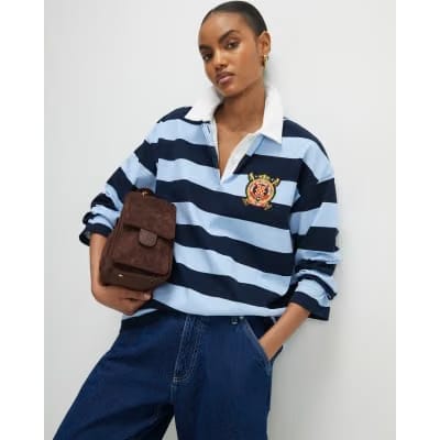 Navy Long Sleeve Striped Rugby Top