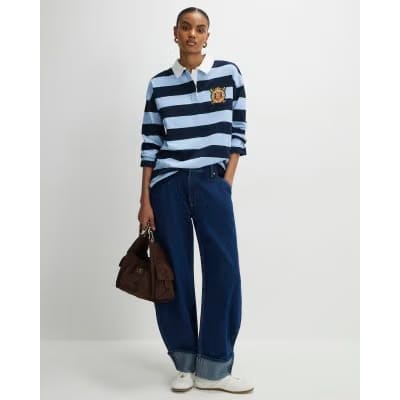 Navy Long Sleeve Striped Rugby Top