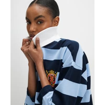 Navy Long Sleeve Striped Rugby Top