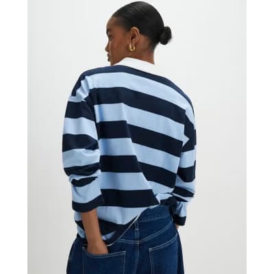Navy Long Sleeve Striped Rugby Top