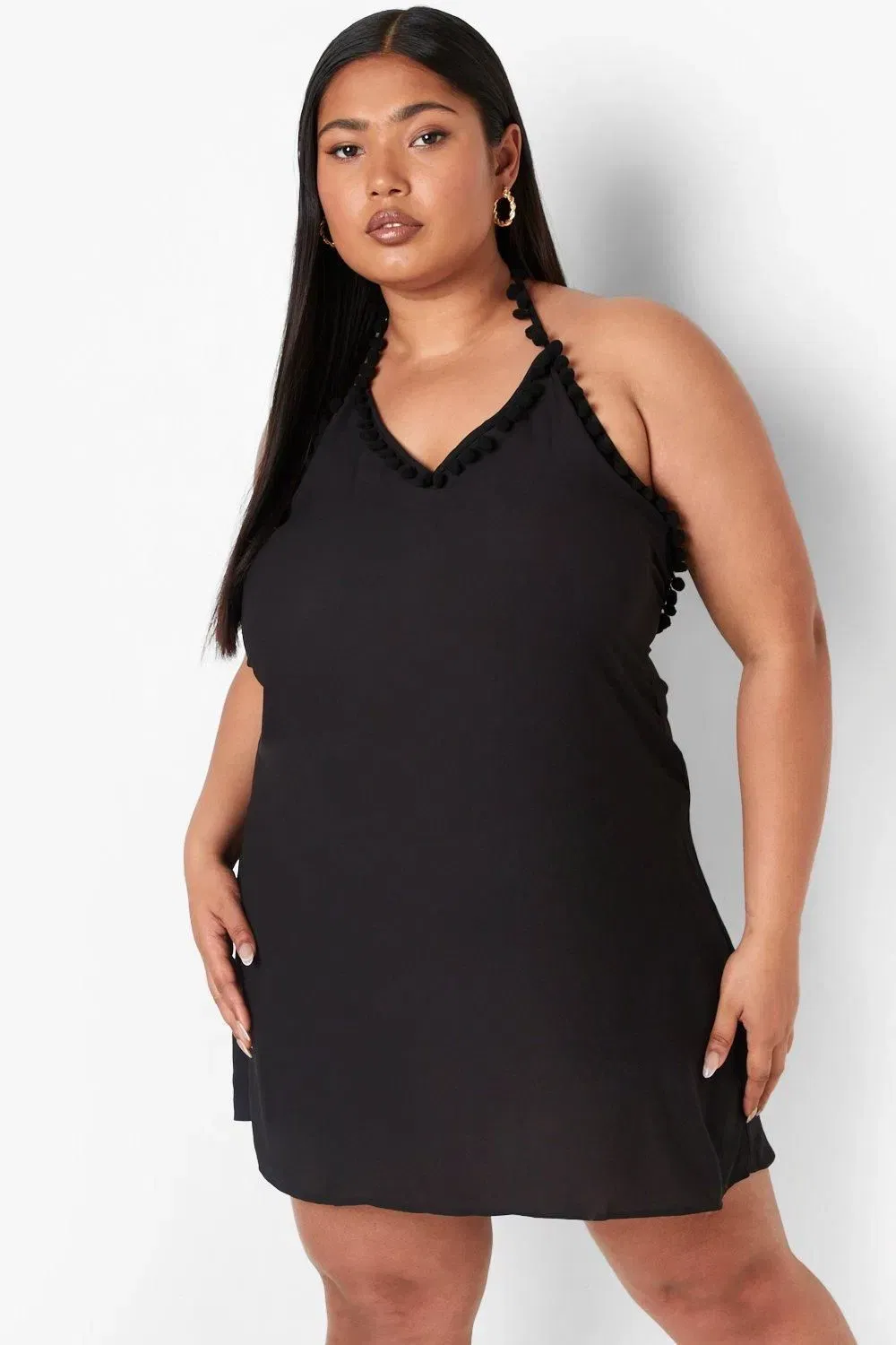 Plus Halterneck Pom Pom Trim Swing Dress