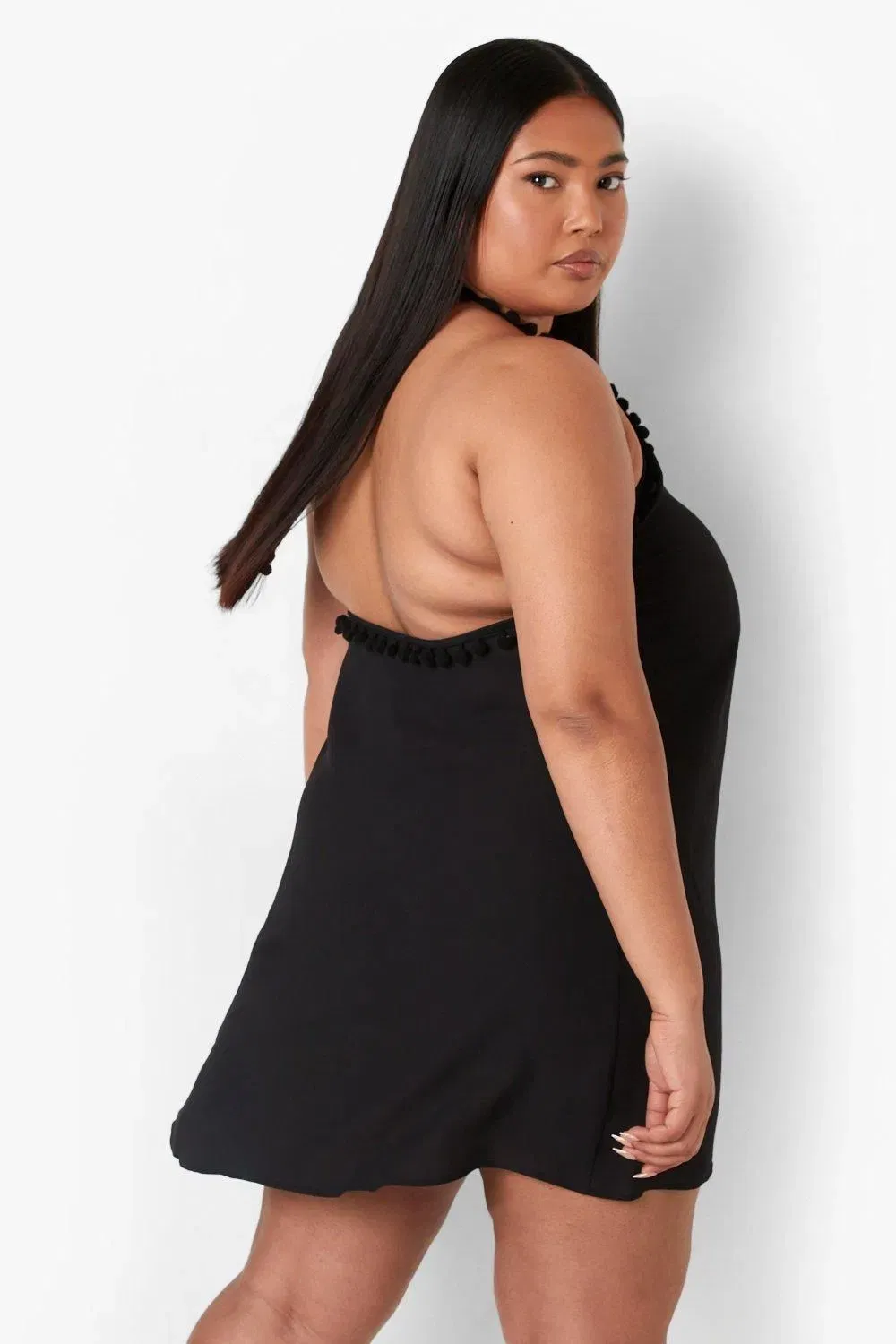 Plus Halterneck Pom Pom Trim Swing Dress