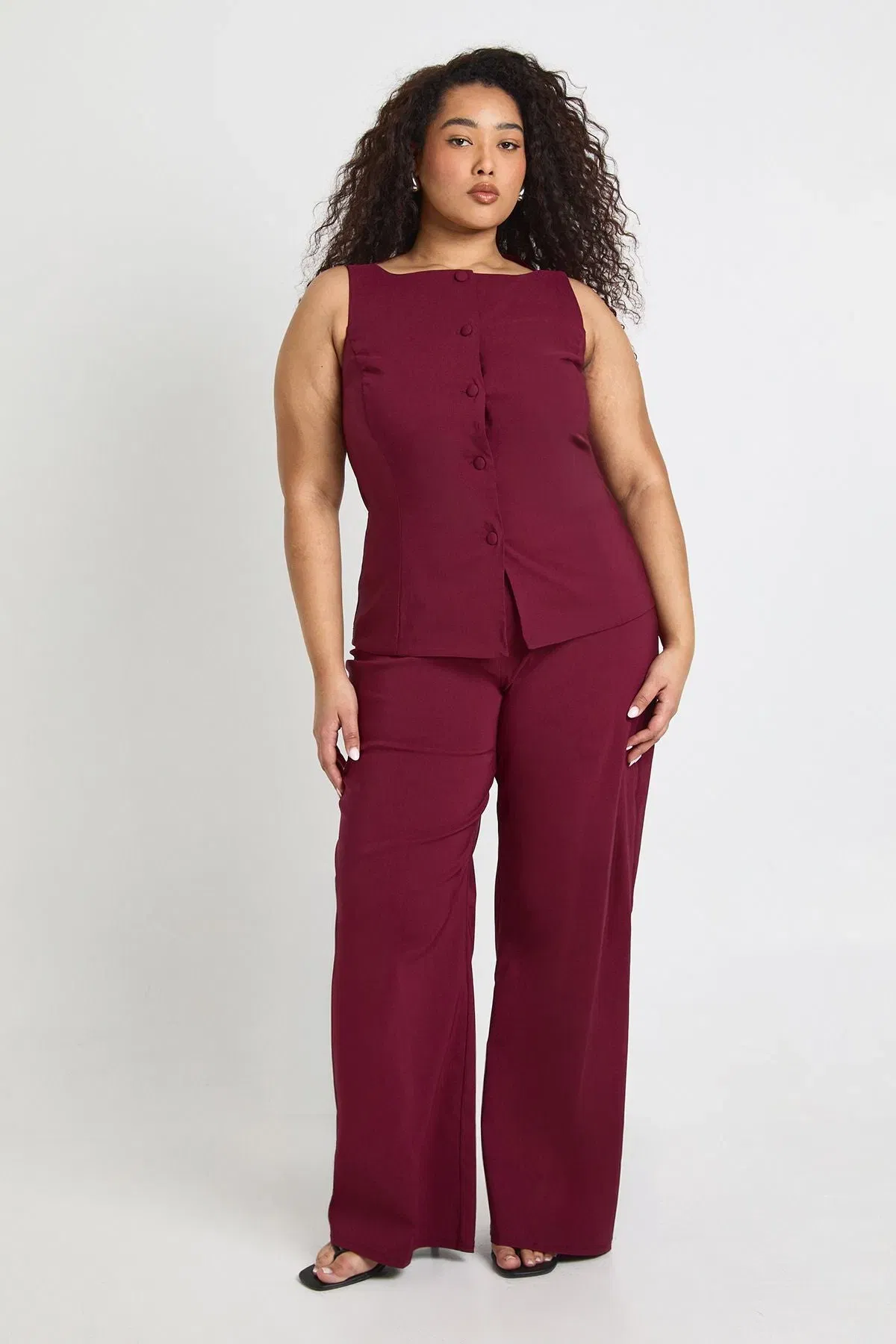 Plus Super Stretch Fitted Long Line Waistcoat & Wide Leg Trousers