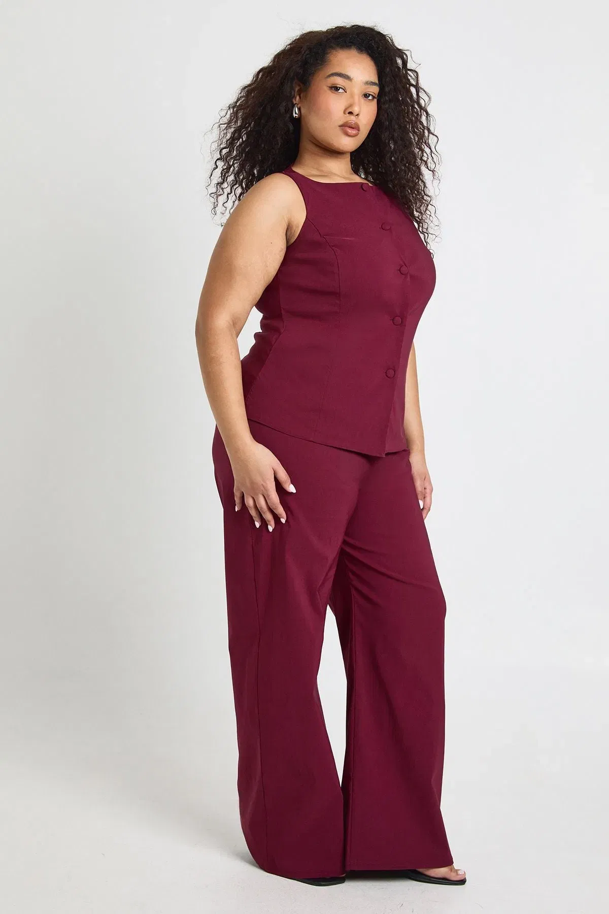 Plus Super Stretch Fitted Long Line Waistcoat & Wide Leg Trousers