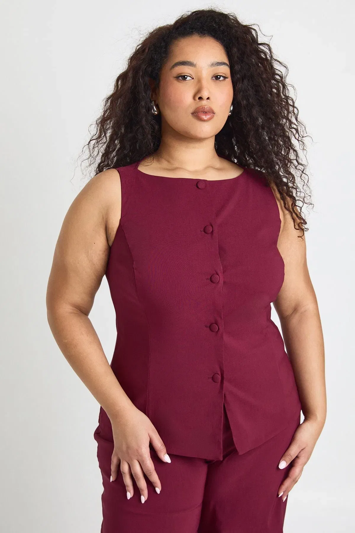 Plus Super Stretch Fitted Long Line Waistcoat & Wide Leg Trousers