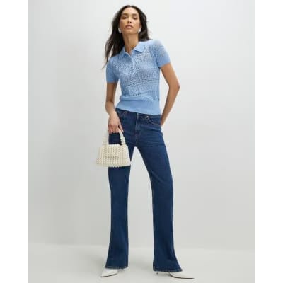 Blue Stitched Knit Polo Top